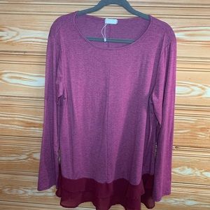Hount Burgundy Ruffle Tunic Blouse Top SZ L EUC